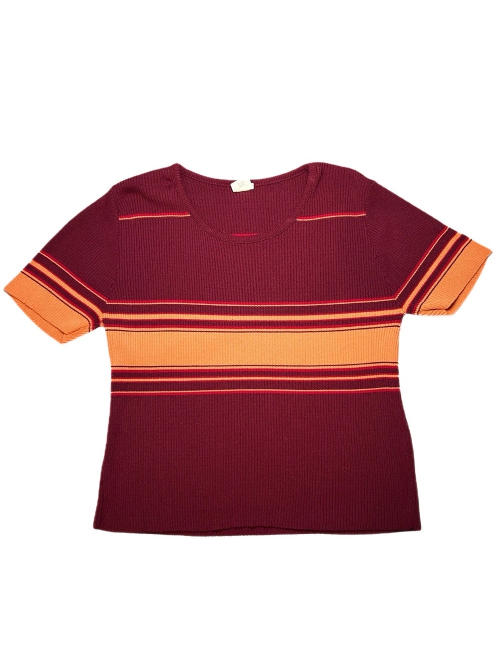 Vintage 90s Striped Ribbed Knit Sweater Top Burgundy Orange Womens L USA